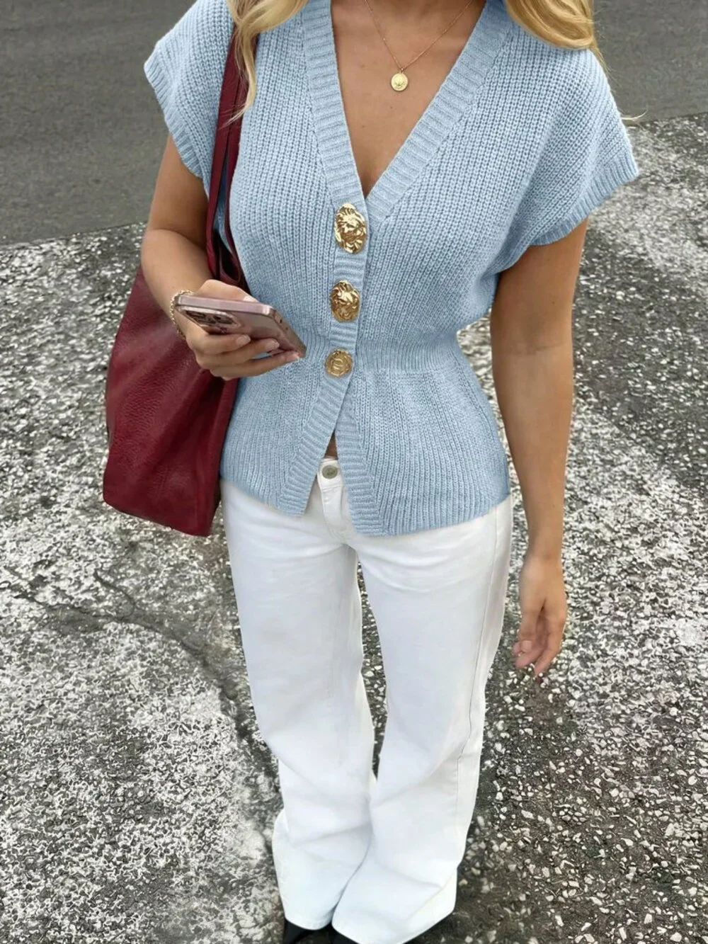 Baby Blue Casual Women's V-Neck Knit Top - Picture 5 of 7